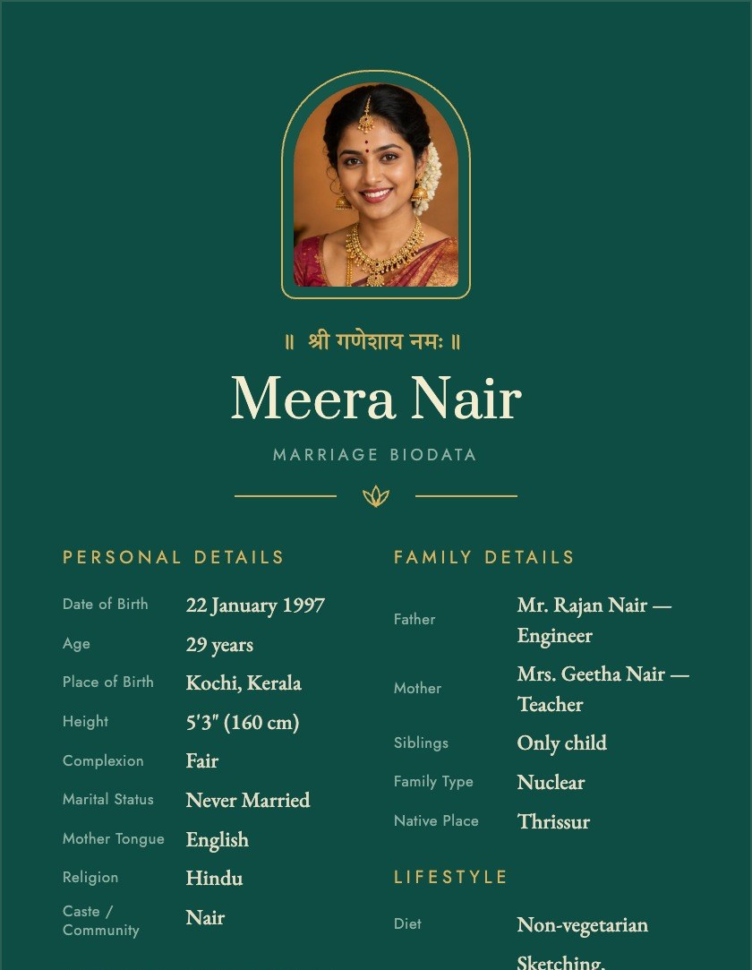Peacock Teal marriage biodata example